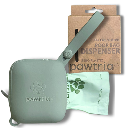 Premium Silicone Dog Poop Bag Dispenser (Matte Green) with 1 Roll of Pawtria's Home Compostable Dog Waste Bags