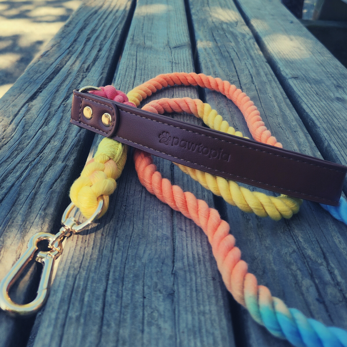5FT Dog Leash, Cotton Braided Rope with Vegan Leather Handle (Brown) with One Complimentary Rolls of Dog Poop Bags (15 Bags), Durable Clasp (Vivid Rainbow)