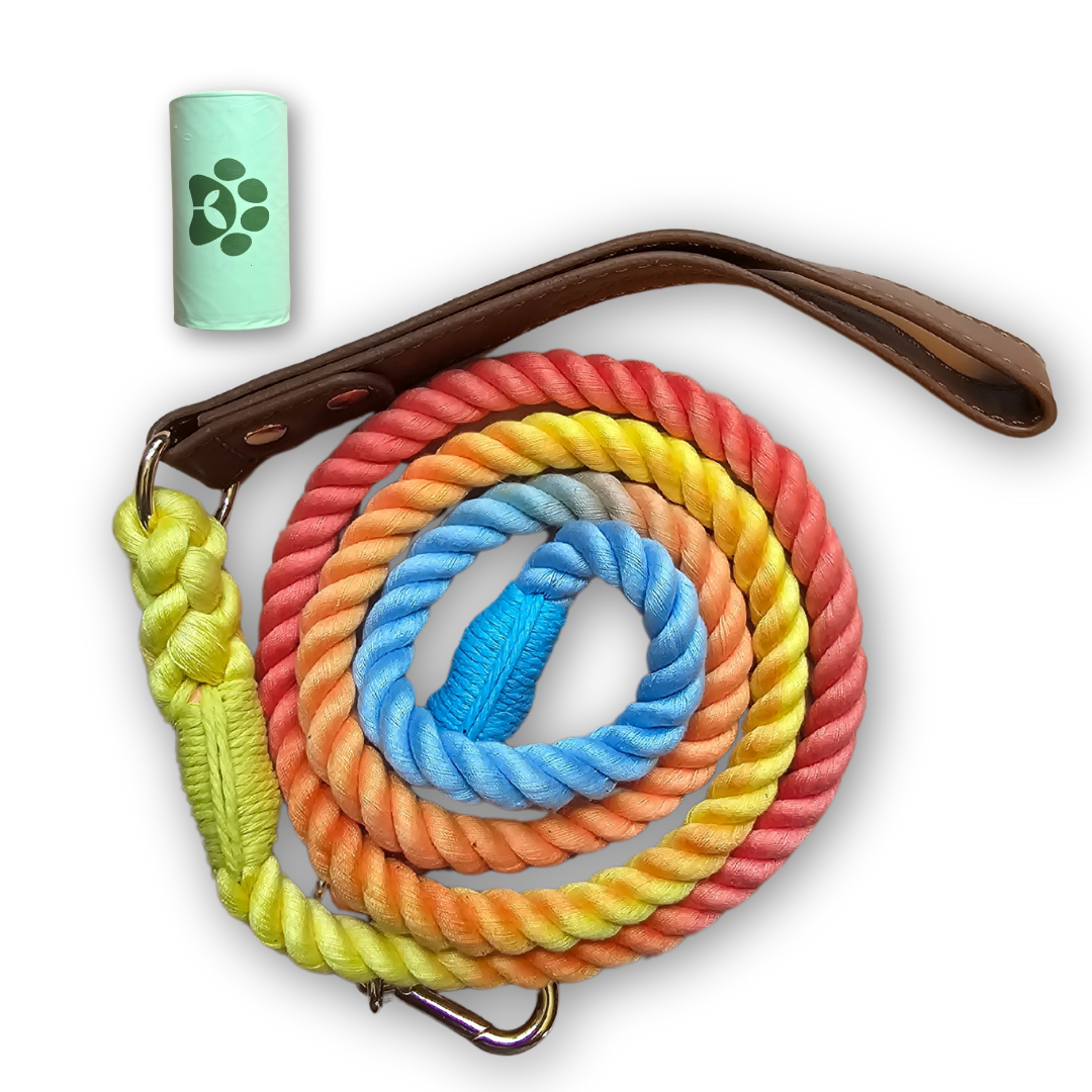 5FT Dog Leash, Cotton Braided Rope with Vegan Leather Handle (Brown) with One Complimentary Rolls of Dog Poop Bags (15 Bags), Durable Clasp (Vivid Rainbow)