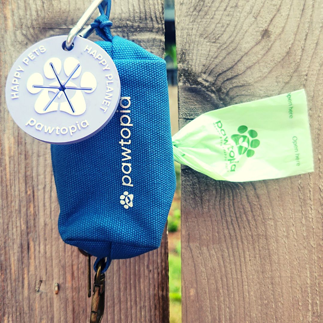 Fabric Dog Poop Bag Dispenser Pouch (Blue) with Poop Bag Carrier (Lavender) and 2 Rolls