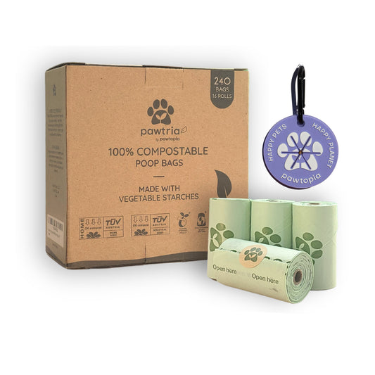 Pawtria Compostable Dog Poop Bags (240 Bags + Lavender Poop Bag Carrier)