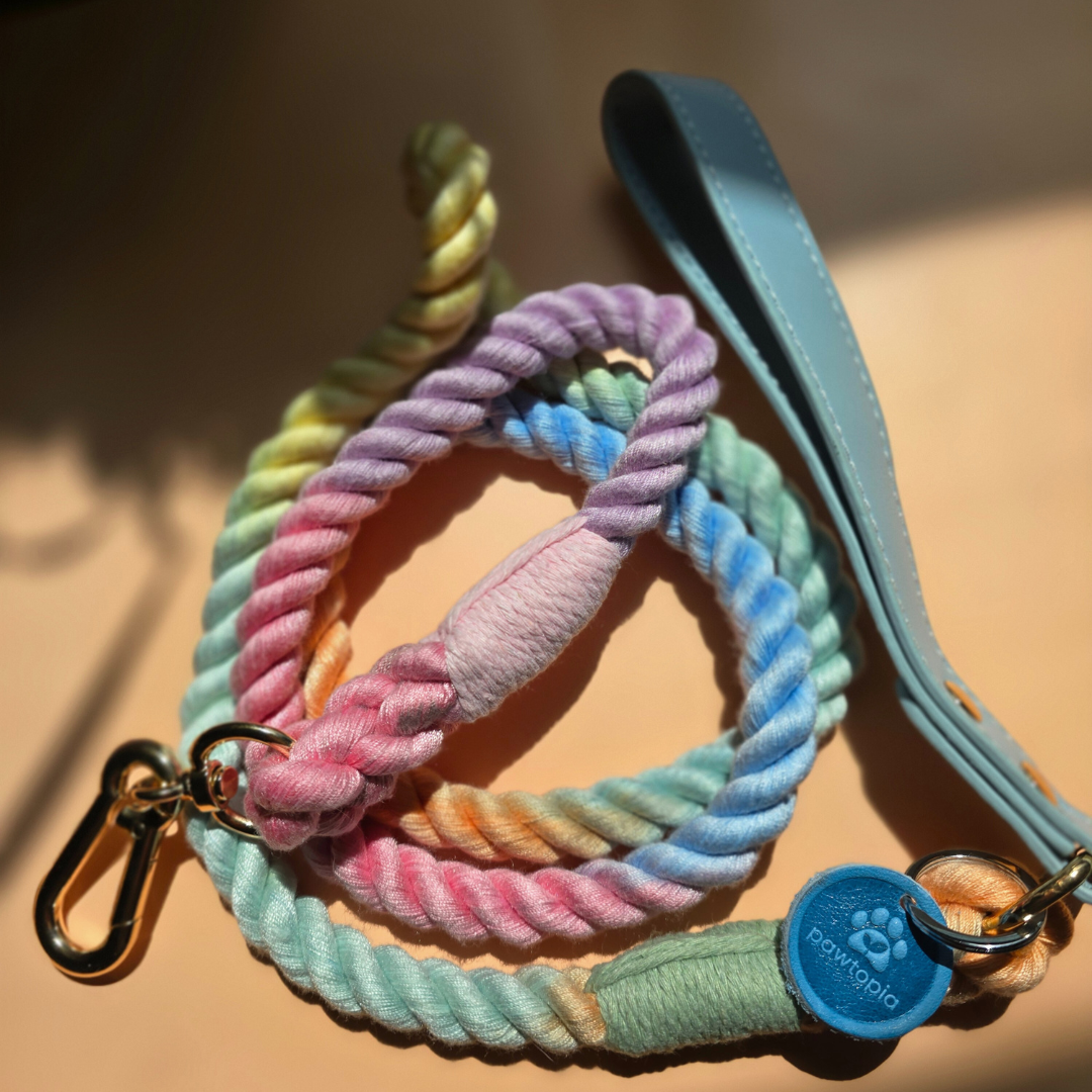 5FT Dog Leash, Cotton Braided Rope with Vegan Leather Handle (Light Blue) with One Complimentary Rolls of Dog Poop Bags (15 Bags), Durable Clasp (Soft Rainbow)