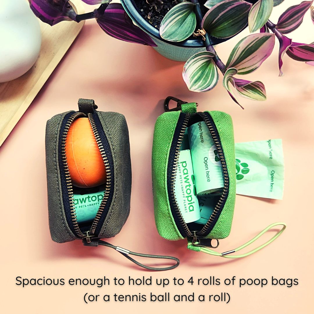 Fabric Dog Poop Bag Dispenser Pouch (Dark Green) with Poop Bag Carrier (Green) and 2 Rolls