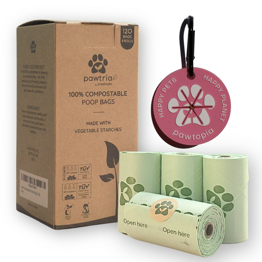 Pawtria Compostable Dog Poop Bags (120 Bags + Pink Poop Bag Carrier)